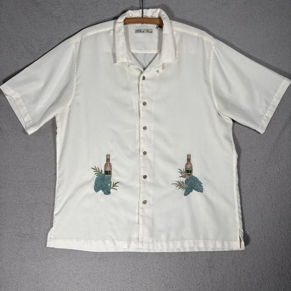 Batik Bay Shirt Mens XL Camp Tropical Beer Embroidery Wood Buttons Retro Dadcore